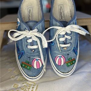 Vintage Women's Denim Sneakers with Pink & Green Embroidery